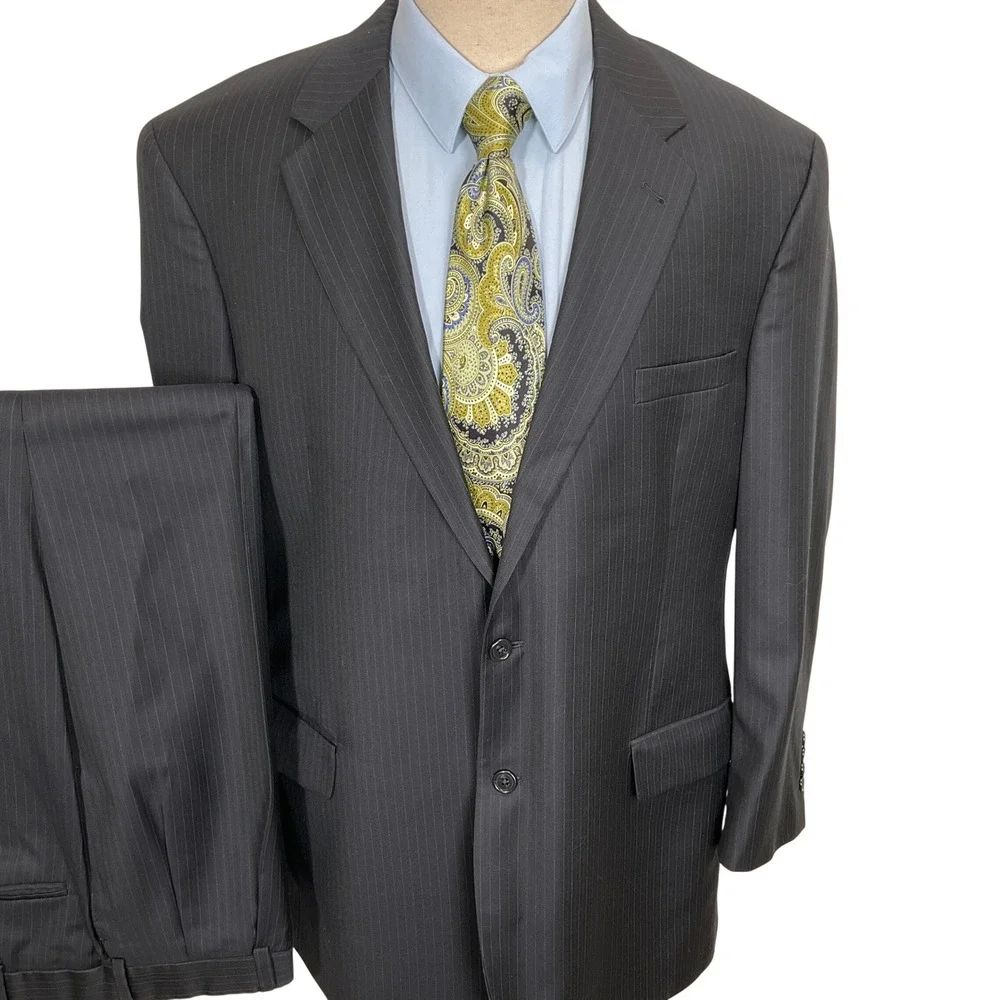 JOS A BANK Signature Suit Mens 46L 40W 29L  Black Purple Pinstripe 2 Button Wool